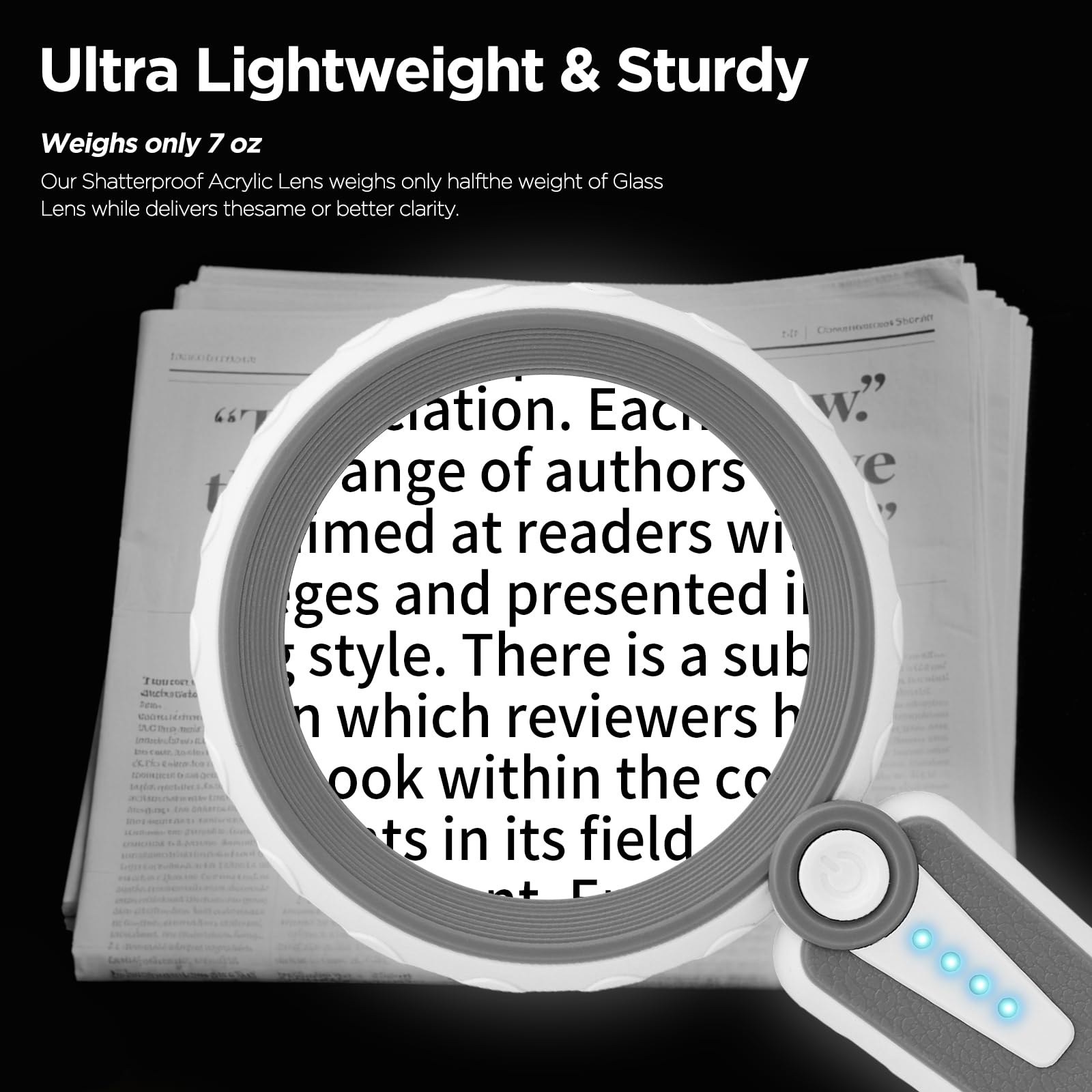 Lupa 45X con luz, lupa recargable grande para lectura | Lentes acrílicas dobles de 4.6 pulgadas • Batería de 1200 mAh • 6 modos de iluminación • Brillo ajustable • Diseño ergonómico