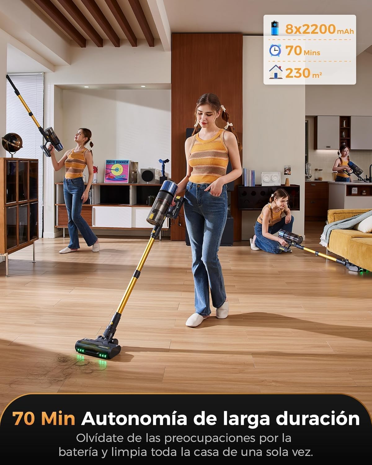 Proscenic P15+ Aspiradora sin Cable 55kPa/70Mins/650W, Aspiradora Escoba Vertical Potente con Pantalla Táctile LED, Cepillo Antienredo y Modo Automático para Suelos/Alfombras/Pelo de Animales