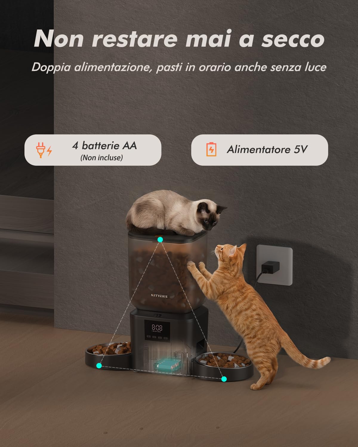 Distributore automatico cibo gatti con 2 ciotole, capacità 8L | croccantini fino a 18mm, senza blocchi, ciotole in acciaio inox, facile da pulire, doppia alimentazione, per più gatti e cani