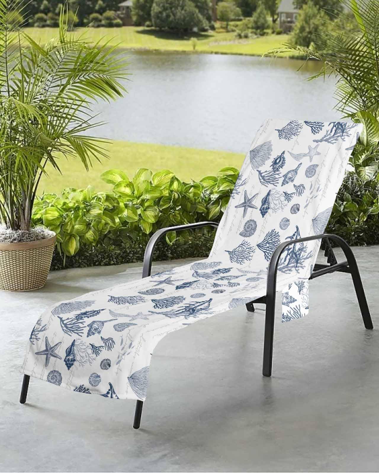 Navy Coastal Beach Chair Towel Covers for Chaise Lounge with Side Pocket, Soft Plush Pool Towels Cover for Patio Sunbathing Outdoor Nautical Starfish Seaweed Shell Coral Conch 29''x85''