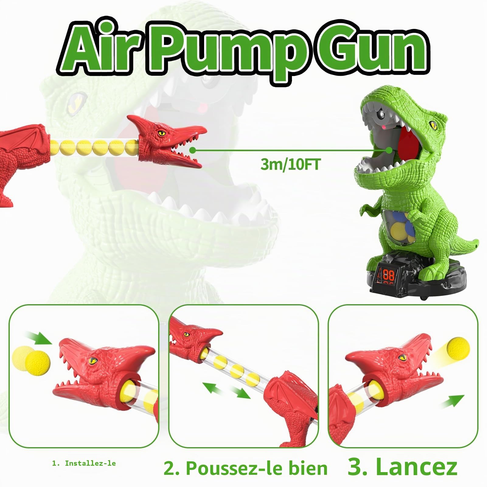 Jouet de tir Dinosaure pour garçon de 2, 3, 4, 5, 6, 7 Ans, avec Lanceur de Pompe à air, Cible Mobile et 48 Boules en Mousse, Jeux d'extérieur/arrière-Cour avec Score LED et Son