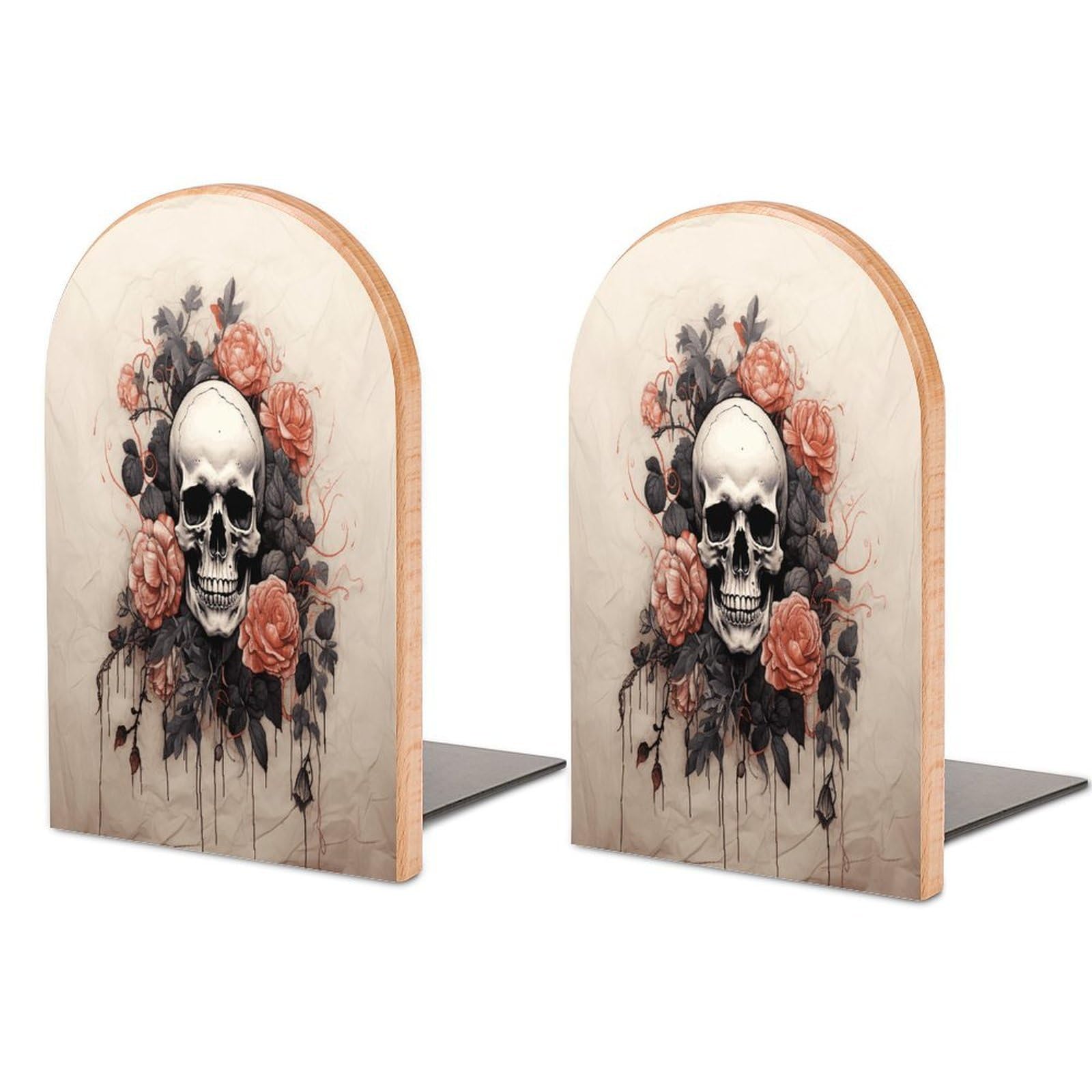 Ancient Skull and Flowers Bookend Wood Book End for Shelves Heavy Duty Non-Slip Wooden Bookend Support Universal Economy Bookends Fancy Modern Decorative Book Accessories 1 Pairs