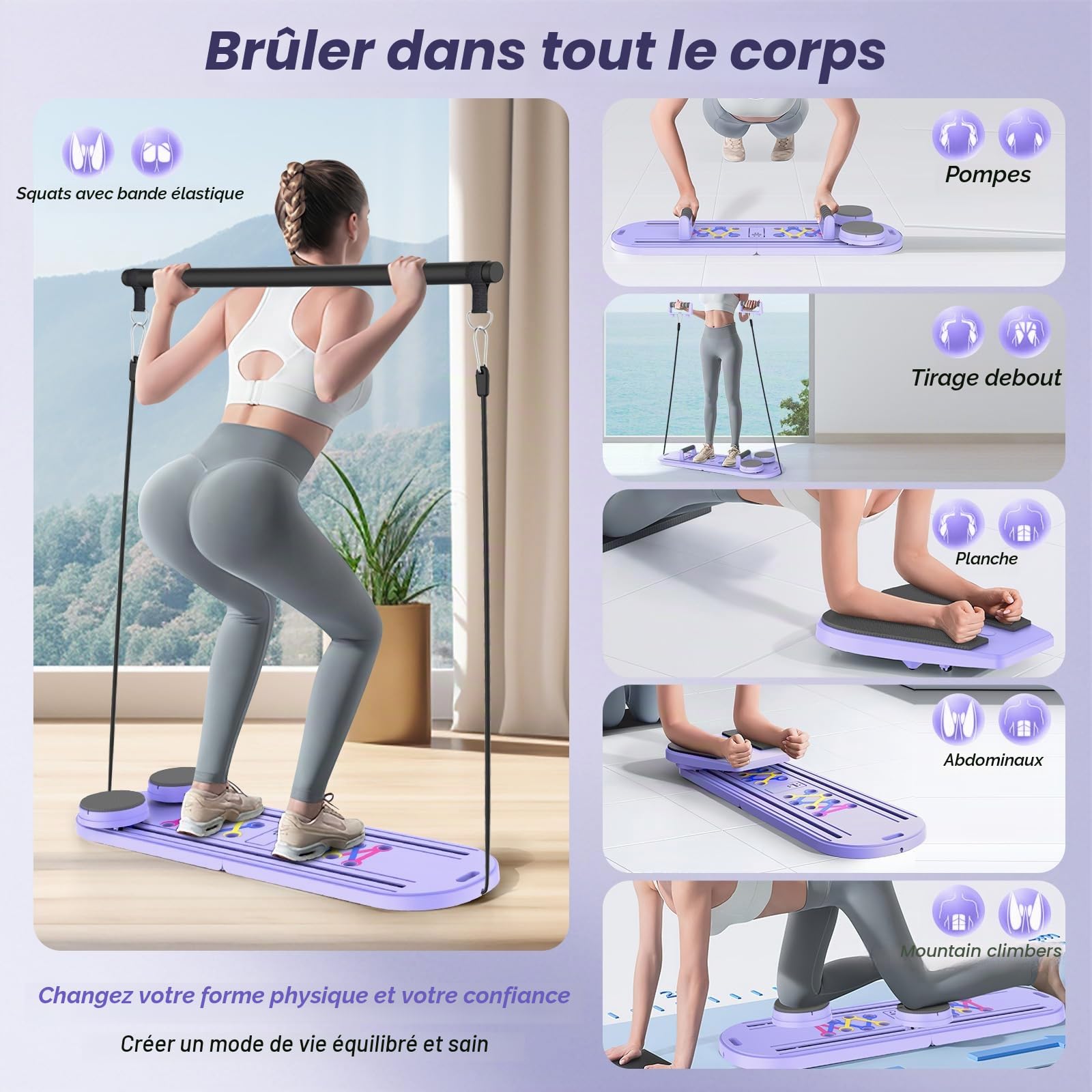 Mini réformateur de Pilates 6 en 1 avec compteur intelligent, planche de pilates avec bandes de résistance, rouleau de rebond automatique, planche abdominale pliable