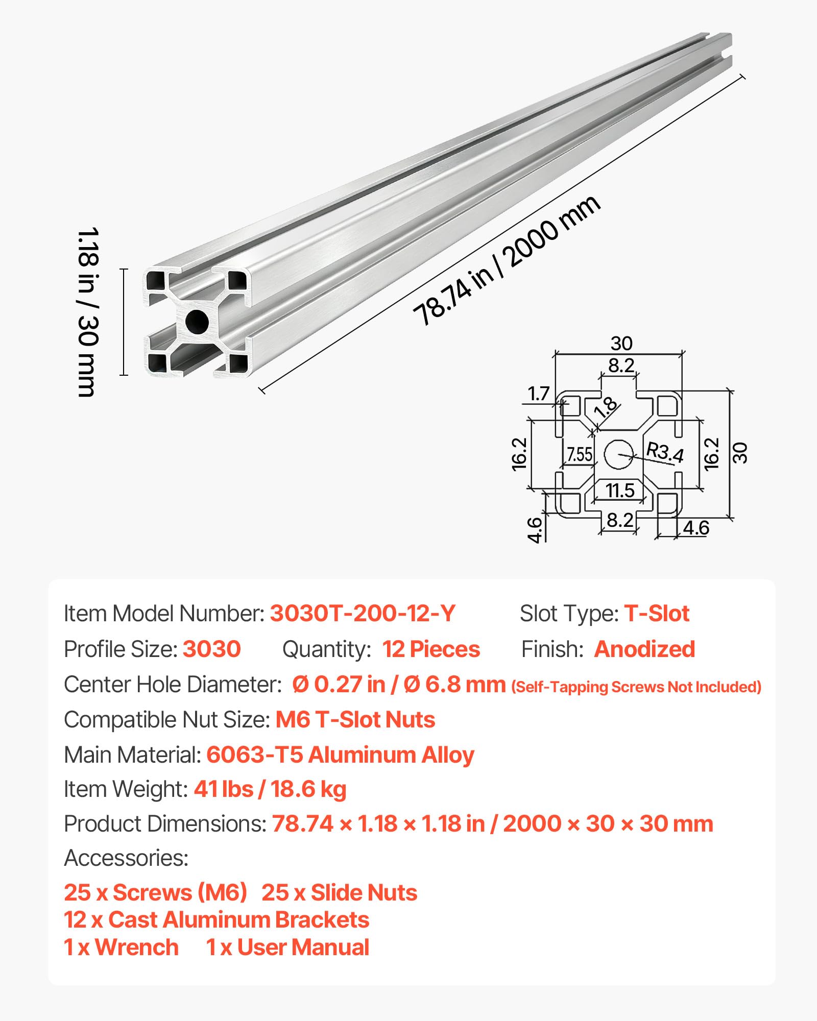VEVOR 3030 Aluminium Profile 12 Stk. 2 m, Eloxierte T-Nut-Aluprofile nach EU-Standard, Hochfestes Strangpressprofil, Aluminiumschiene für 3D-Druckerteile, CNC-DIY-Werkbänke und Montage, Silber