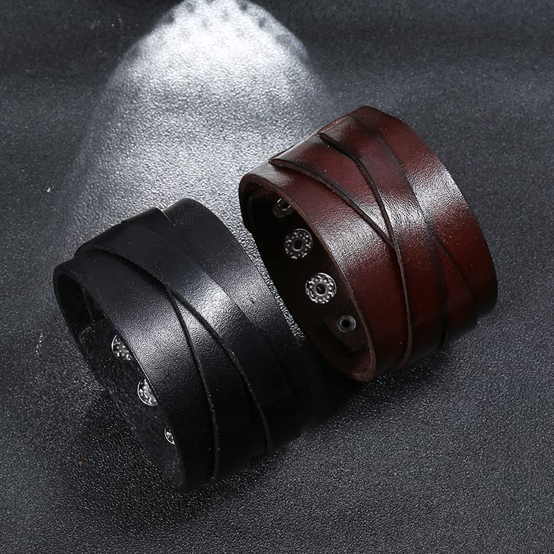Pulsera ancha de cuero punk para hombre ajustable miniatura 2