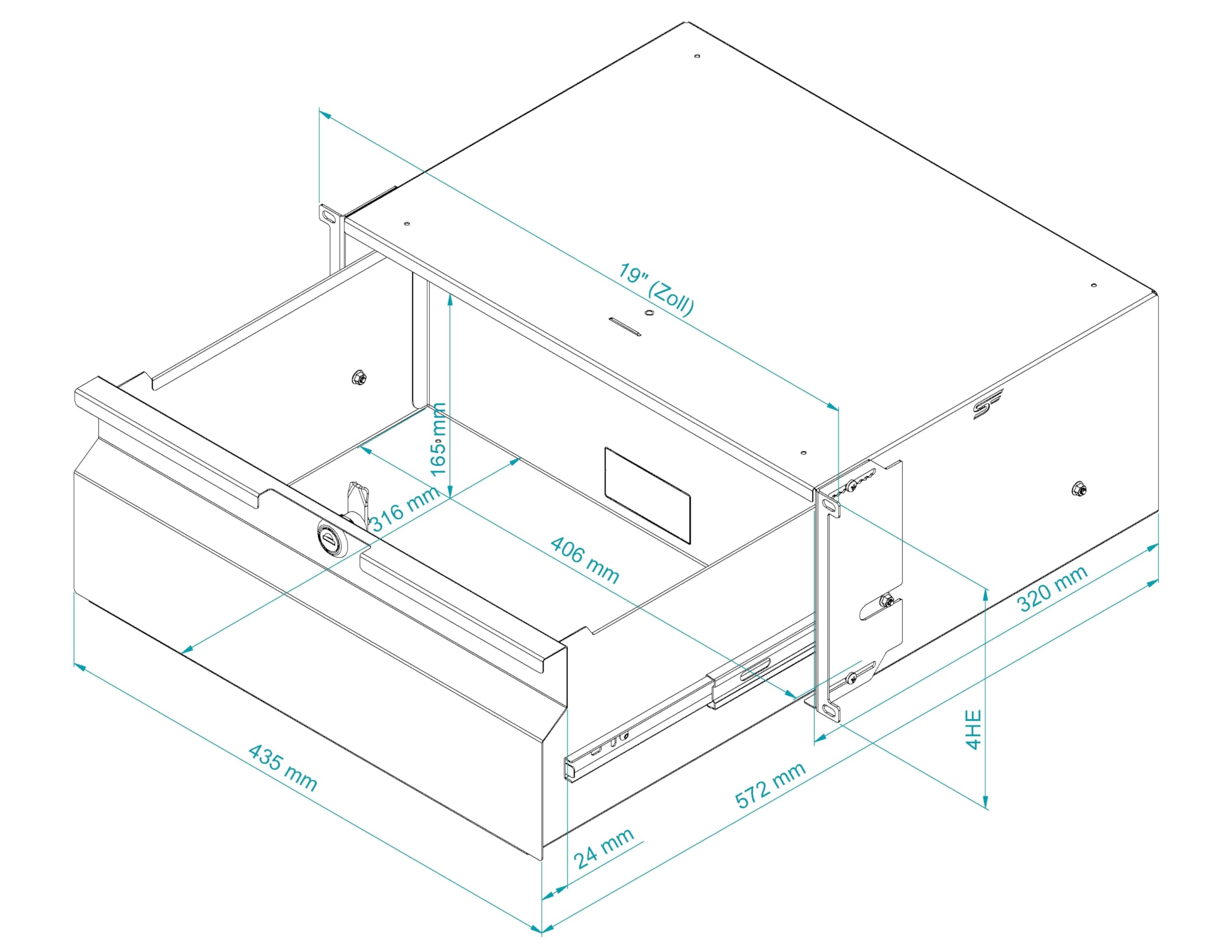 19 Zoll Fachboden 4HE - 19 Zoll Schublade Server Rack aus Stahl für Netzwerkschrank und Serverschrank - Traglast 25 kg - 320 cm Tiefe - Rack Zubehör