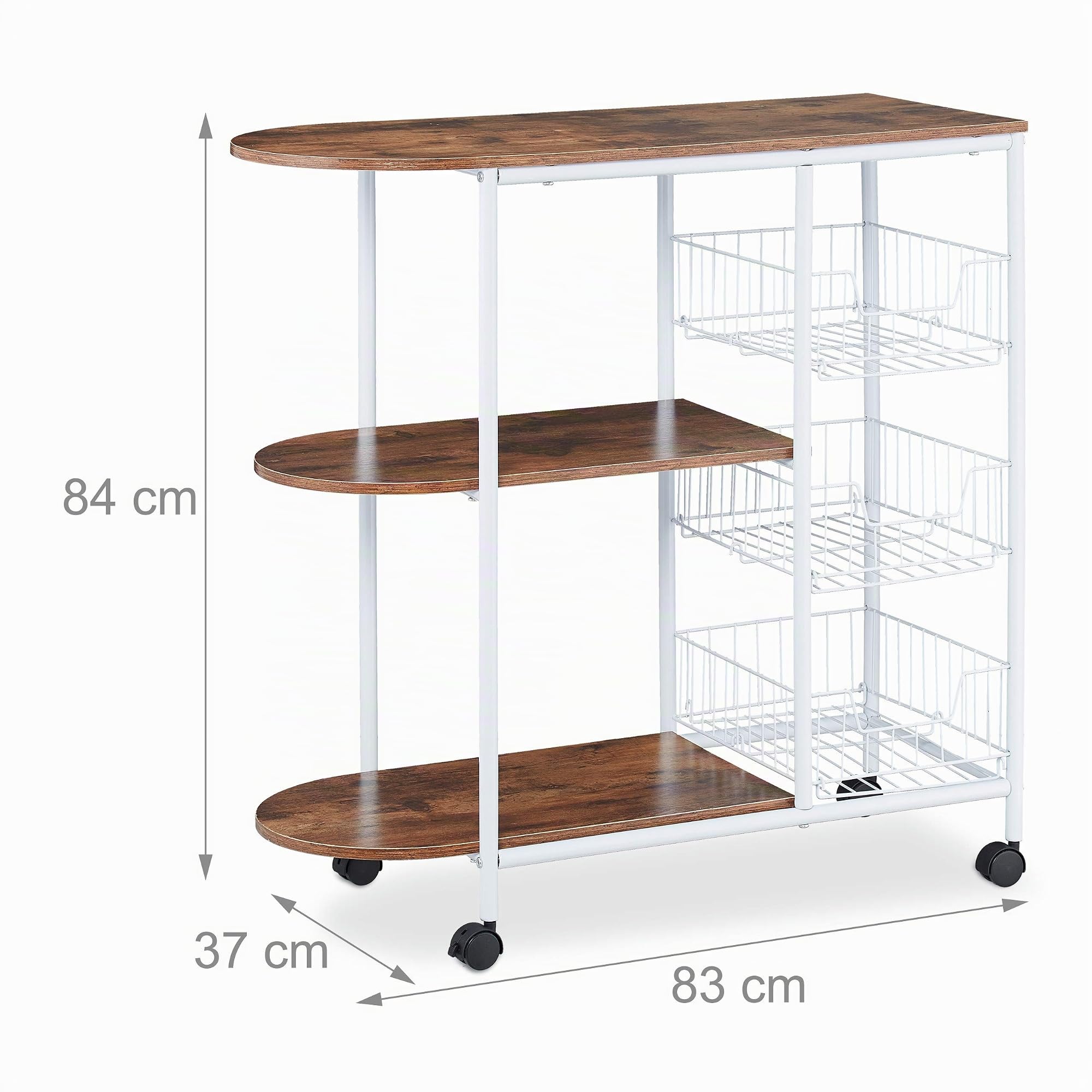 Relaxdays Chariot de Service, Cuisine,3 Supports, paniers, Industriel, métal et MDF, HlP 84x83x37 cm,Blanc,Brun