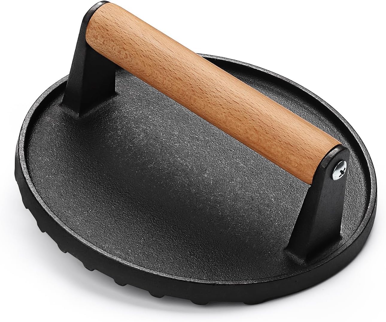 Burger Press, 7"" Round Heavy-Duty Cast Iron Smash Bacon Press Meat Steak with Wood Handle for Griddle, Sandwich, Nonstick Pan