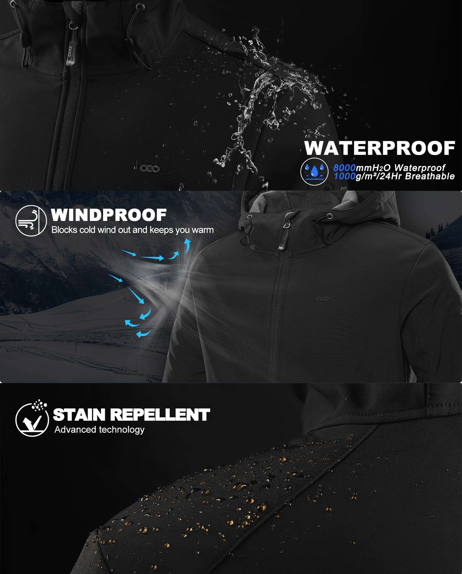 33,000ft Veste softshell imperméable et respirante pour homme - Veste demi-saison coupe-vent - Veste de randonnée avec capuche