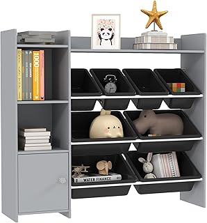 AIYAPLAY Toy Storage Unit, with 8 Removable Bins, Storage Shelves, Cabinet, Toy Organiser, for Playroom, Kids Room, Nursery, Grey