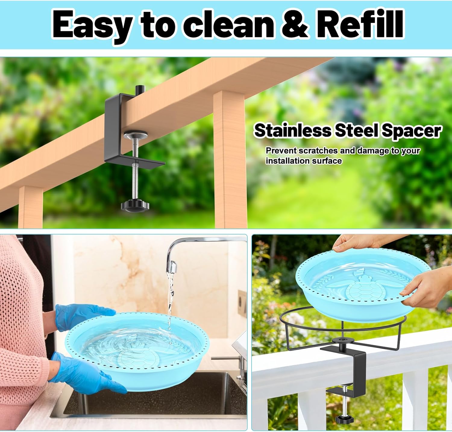 Bird Baths for Outdoors, Rustproof Metal Clamp Birdbaths & Birdfeeder with Detachable Plastic Basin, Outdoor Bird Feeding & Watering Station for Wild Birds Garden Patio Balcony (Blue)