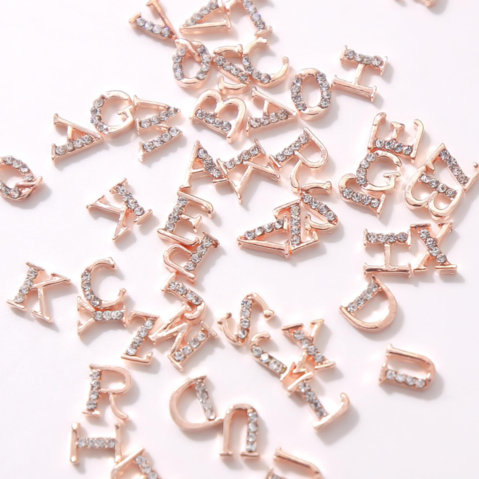 26Pcs Letters Nail Charms 3D Shniy Rose Gold Capital English Nail Rhinetones Gems for Women Girls Manicure Decorations Accessories