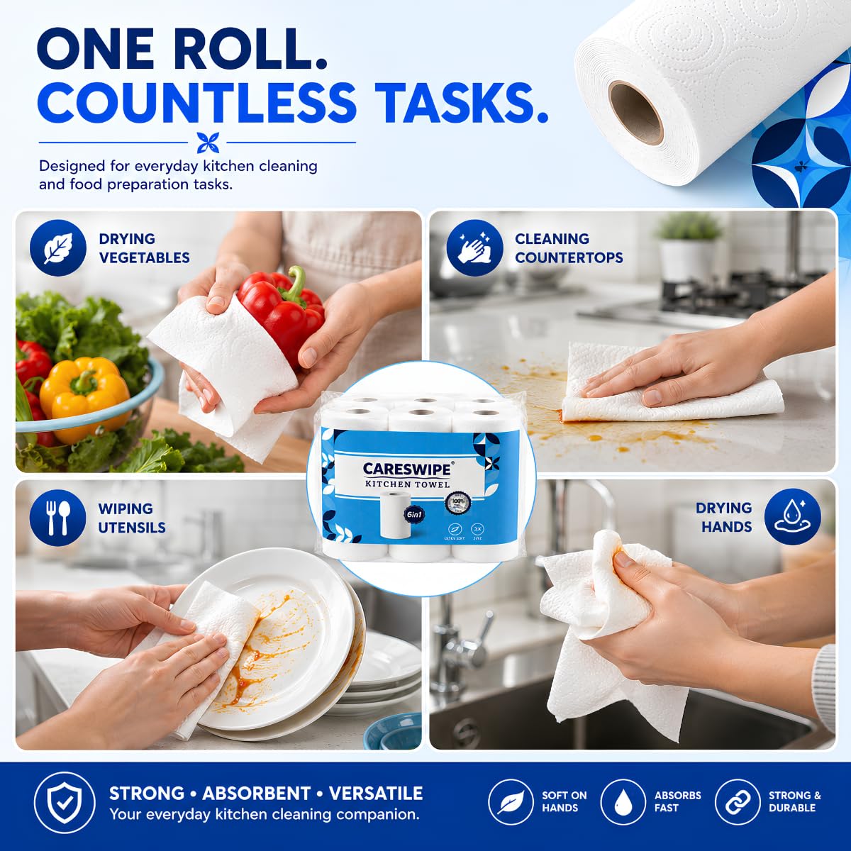 Careswipe Kitchen Tissue Paper Rolls - 6 Rolls -3