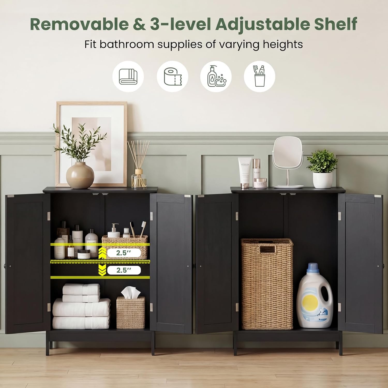 LDAILY 2-Door, 3-Position Adjustable Shelves Modern Bathroom Storage Cabinet with Anti-Tipping Device, Freestanding, Black, 23.5' x 14' x 34.5'