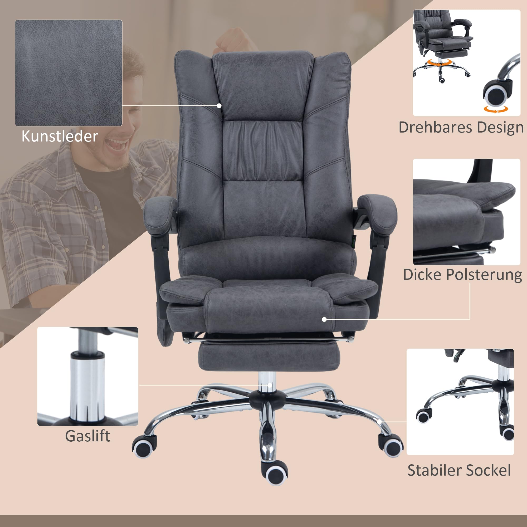 Vinsetto Bürostuhl mit Vibrationsmassage, aus Mikrofaser, Dunkelgrau | Ergonomischer Chefsessel, Lendenwärmer, Schreibtischstuhl, Liegefunktion, Fußstütze, Höhenverstellbar, mit Seitentasche