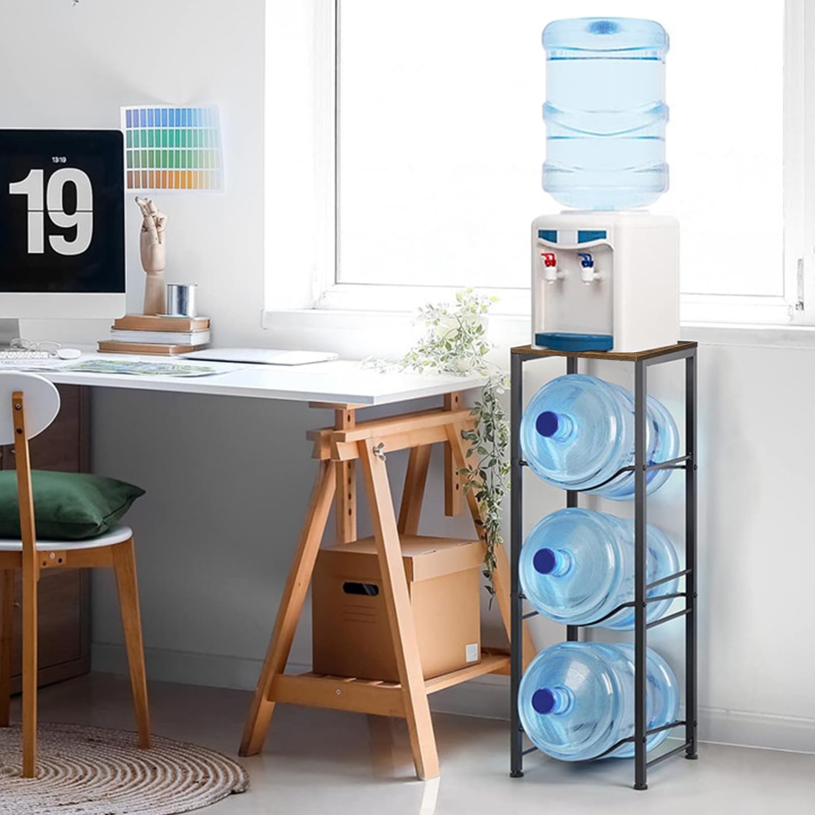 Soporte para jarra de agua, 3 pisos, 5 galones con tabla, enfriador de agua, estante de oficina, estante de almacenamiento de agua, extraíble, para cocina, oficina, sala de estar