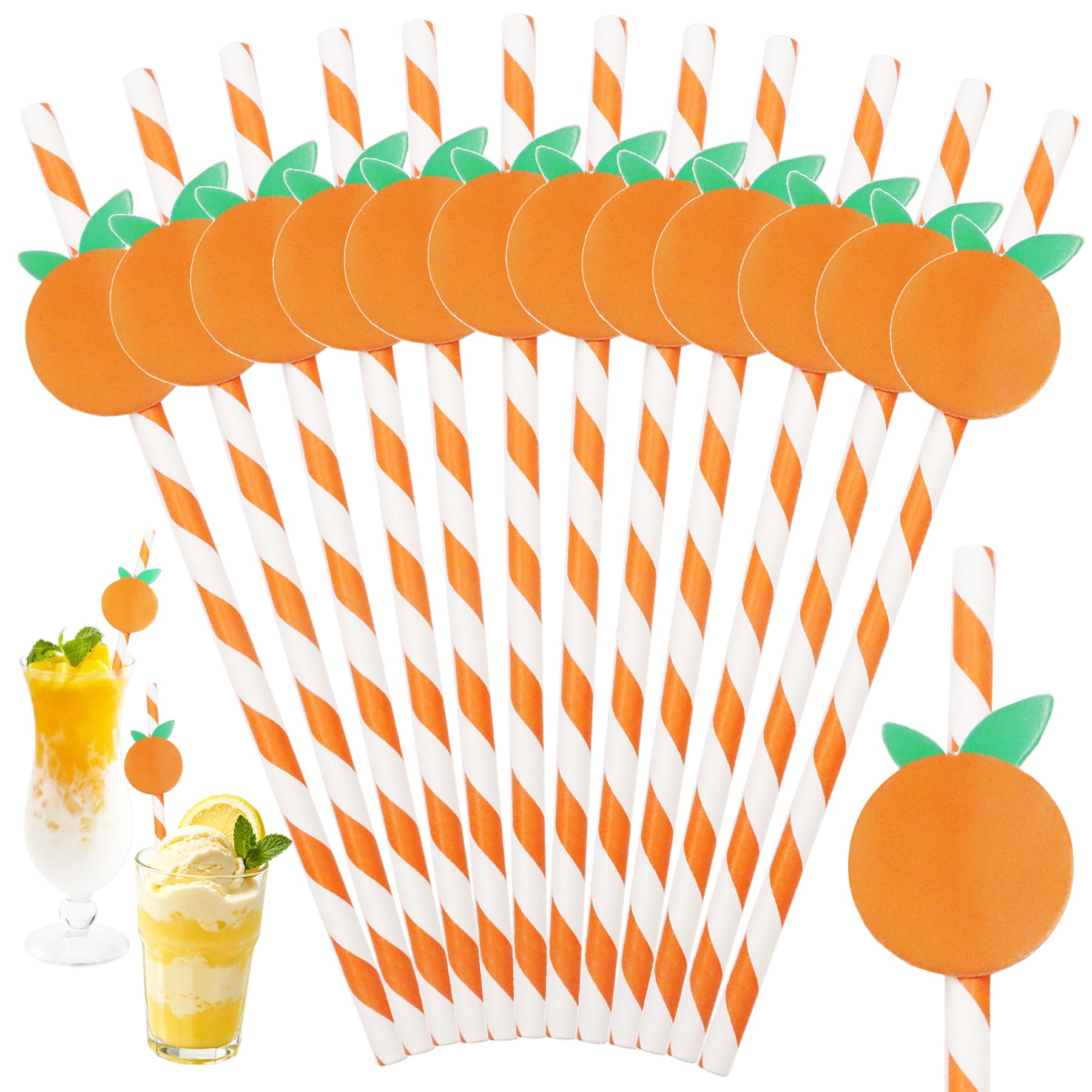 60 PCS Orange Paper Straws Drinking Disposable Fruit Cocktail White Striped