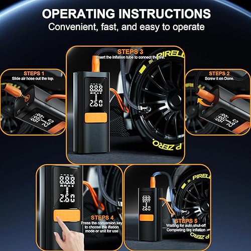 Miniatura 8 de Compresor de aire portátil para inflador de neumáticos, compresor de aire de 150 PSI con medidor de presión de neumáticos, 15000 mAh y bomba de aire