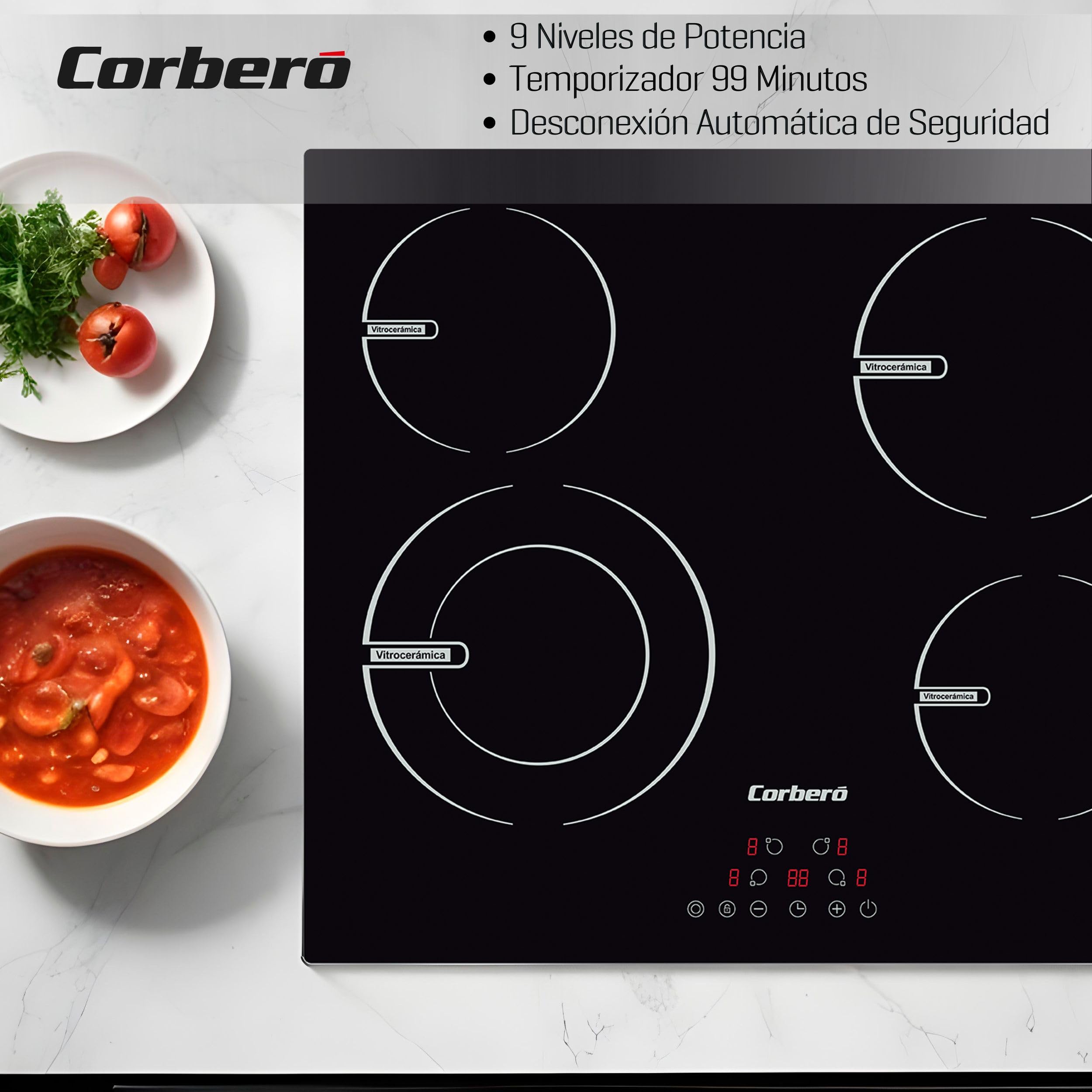 Corberó - Placas Vitrocerámica 520X590X55 | CCVBR6450| 6400W Potencia | Touch Control | 4 Zonas | 9 Niveles de Potencia | Temporizador 99 Min | Sistema de Seguridad | Vitrocerámica | Negro