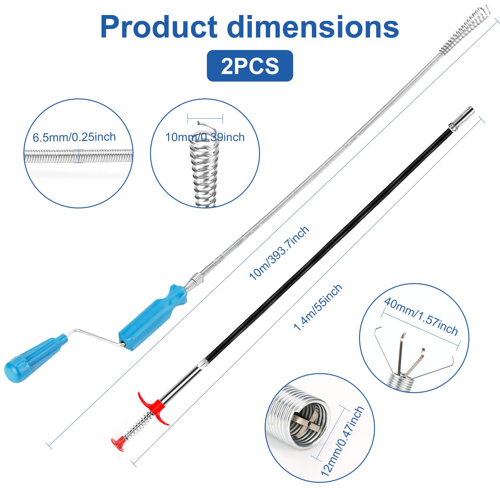 Desatascador De Tuberias Profesional Cable Desatascador Tuberias 2Piezas 10 Metros x 6,5 & 1,4 M x 6,5 mm Desatascador Fregadero Desatascador WC Desatascador Espiral Manual Ideal