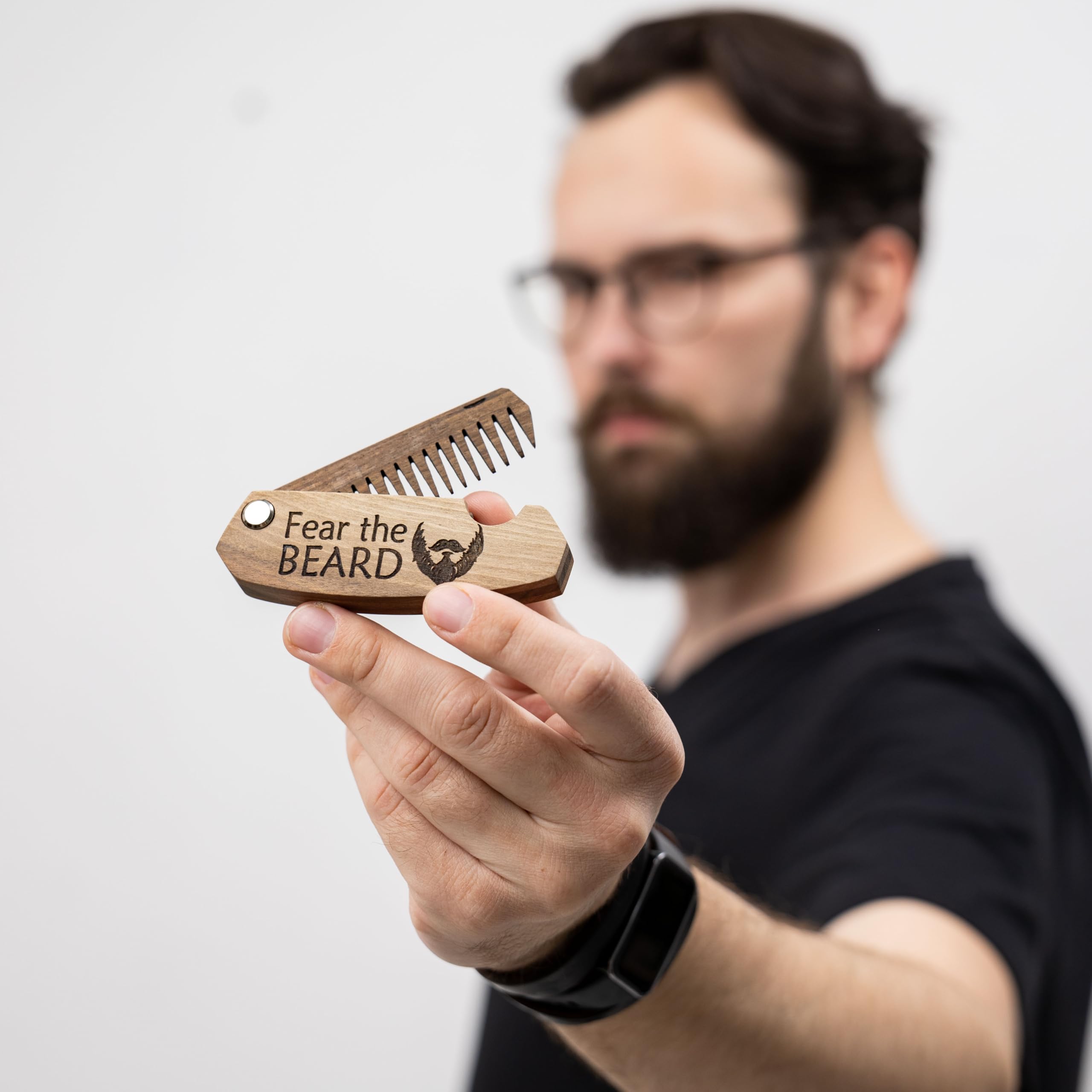 Beard Comb Gifts for Him Wooden Comb for Men Folding Pocket for Moustache Hair Walnut Combs Husband with the Engraving (Fear The Beard)