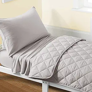 FLXXIE 4 Pieces Toddler Bedding Set, Soft and Breathable Microfiber Crib Sheet Set, Includes Quilted Comforter, Flat Top Sheet, Fitted Sheet, Envelope Pillow Case for Boys and Girls, Somke Grey