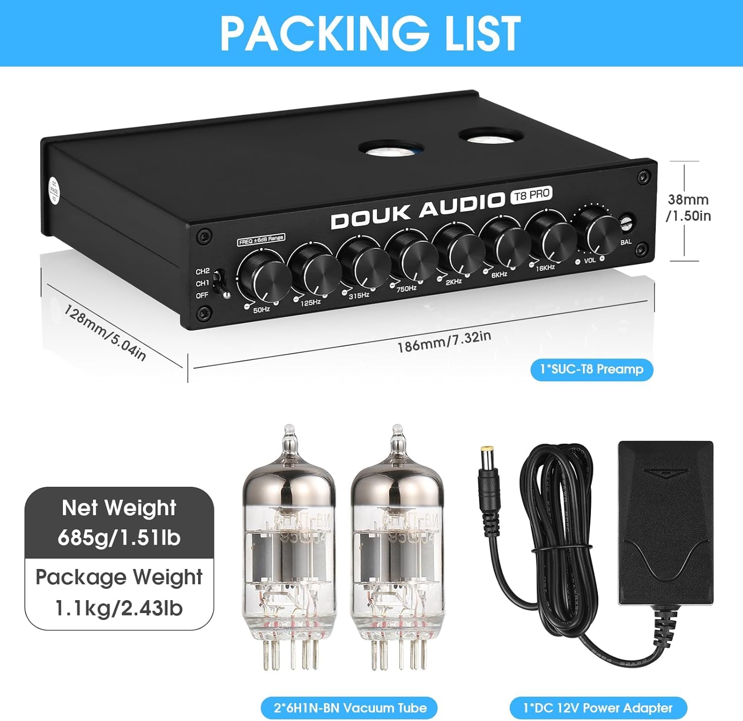 Preamplificador Ecualizador de 7 Bandas con válvulas de vacío Douk Audio HiFi y preamplificador XLR para el hogar (T8 Pro)