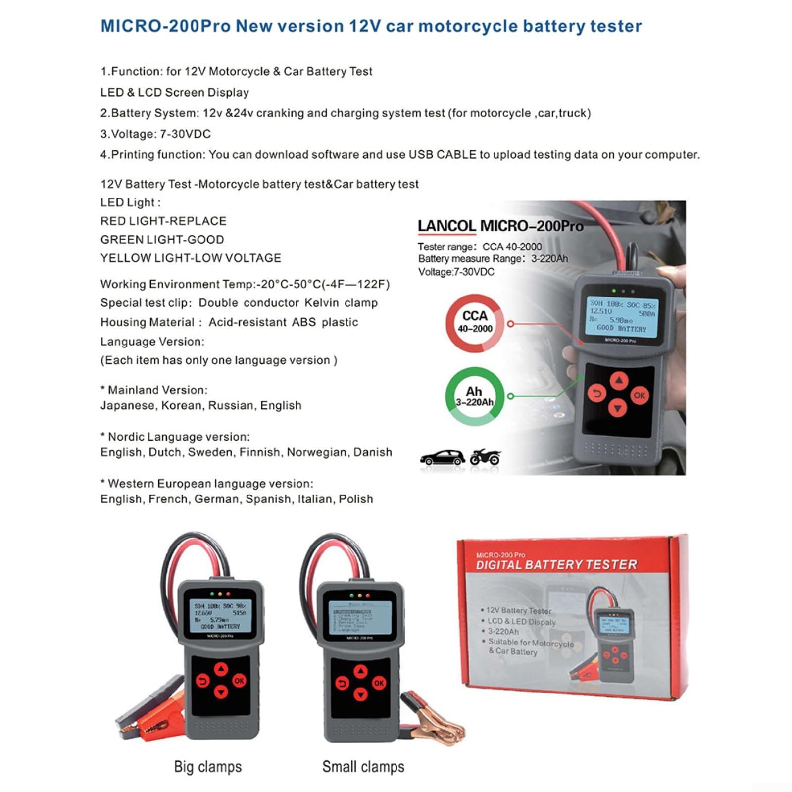 200 PRO Batterietester für 12V/24V, prüft SOH/SOC/Spannung, für Auto/LKW/RV, mit Kelvin-Klemmen, Diagnosegerät