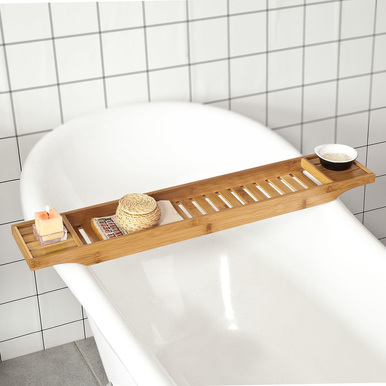 SoBuy Plateau de Baignoire en Bambou 80 cm – Pont de Baignoire en Bois – Extra Long & Vernis pour Grandes Baignoires, Support Verre de Vin & Emplacement Bougie FRG212-N