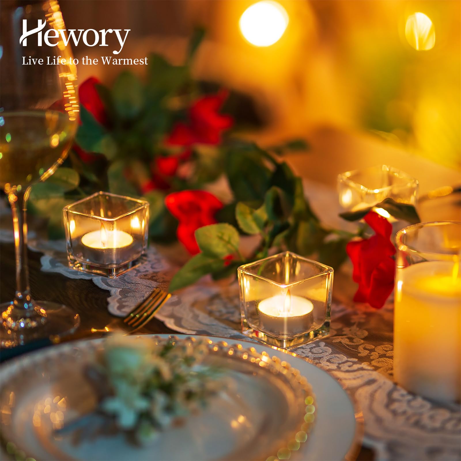 Hewory Portacandele in vetro rettangolare, 12 piccoli vasetti per candeline, quadrati, trasparenti, per decorazioni di nozze, tavolo, soggiorno, decorazione da tavolo
