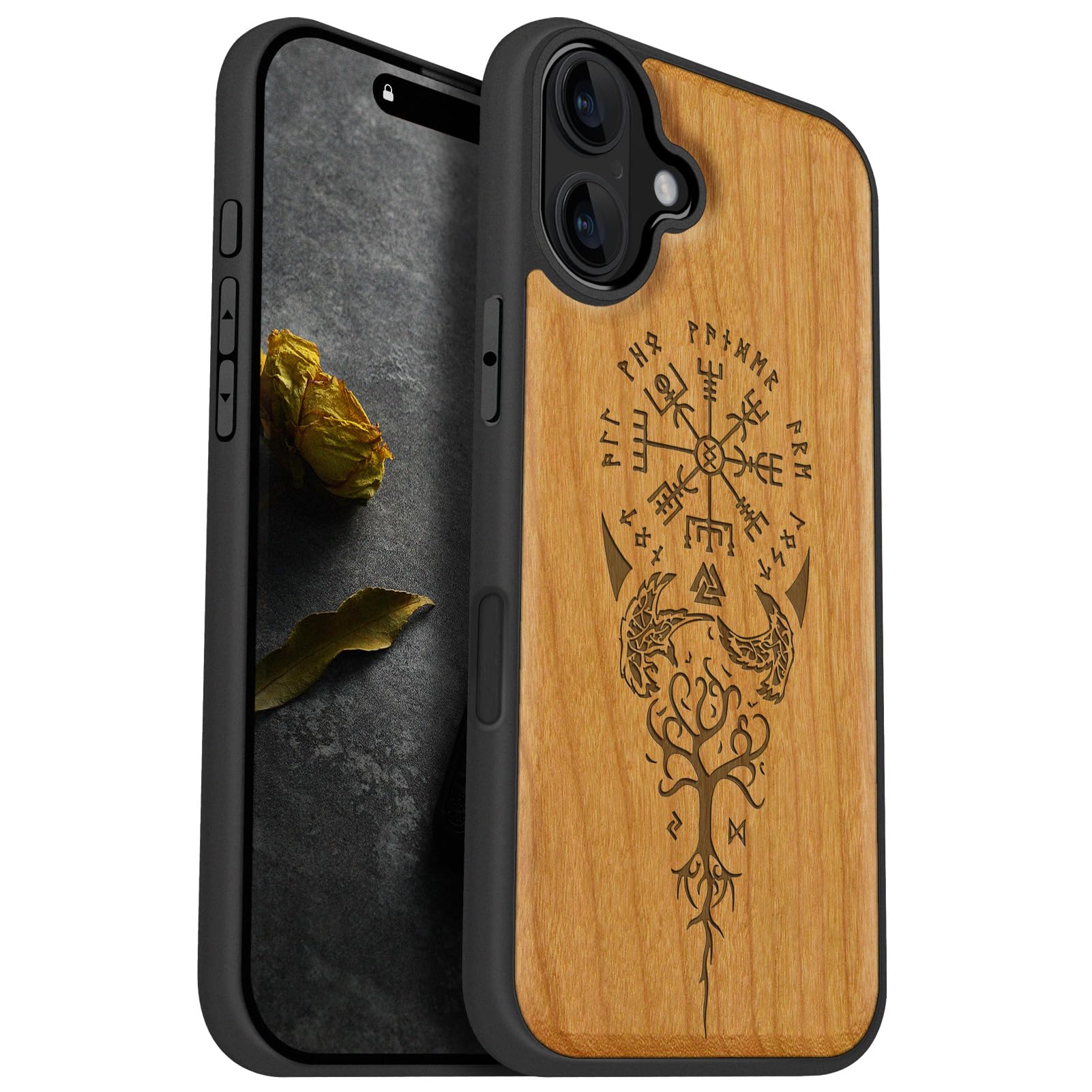 Carveit Magnetic Wooden Case for iPhone 16 Plus Case, Wood Artisan Engraved & Black Soft TPU Shockproof Cover, Compatible with MagSafe Wireless