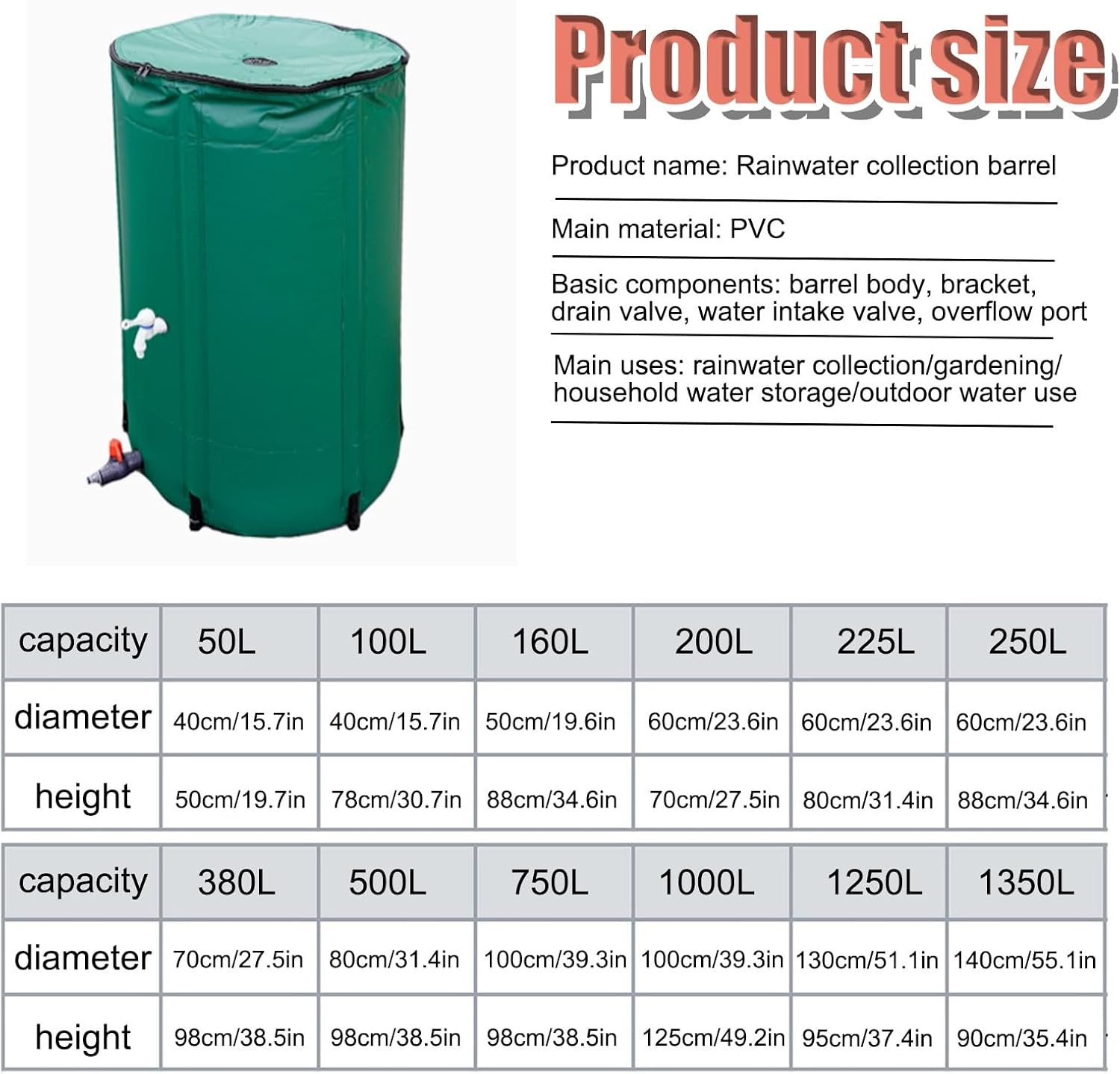 Foldable Water Tank, Portable Rainwater Storage Tank,Collapsible Rain Barrel,PVC Rainwater Collection System Water Tank，Garden Water Butts，for Rainwater Collection(Black,50L)