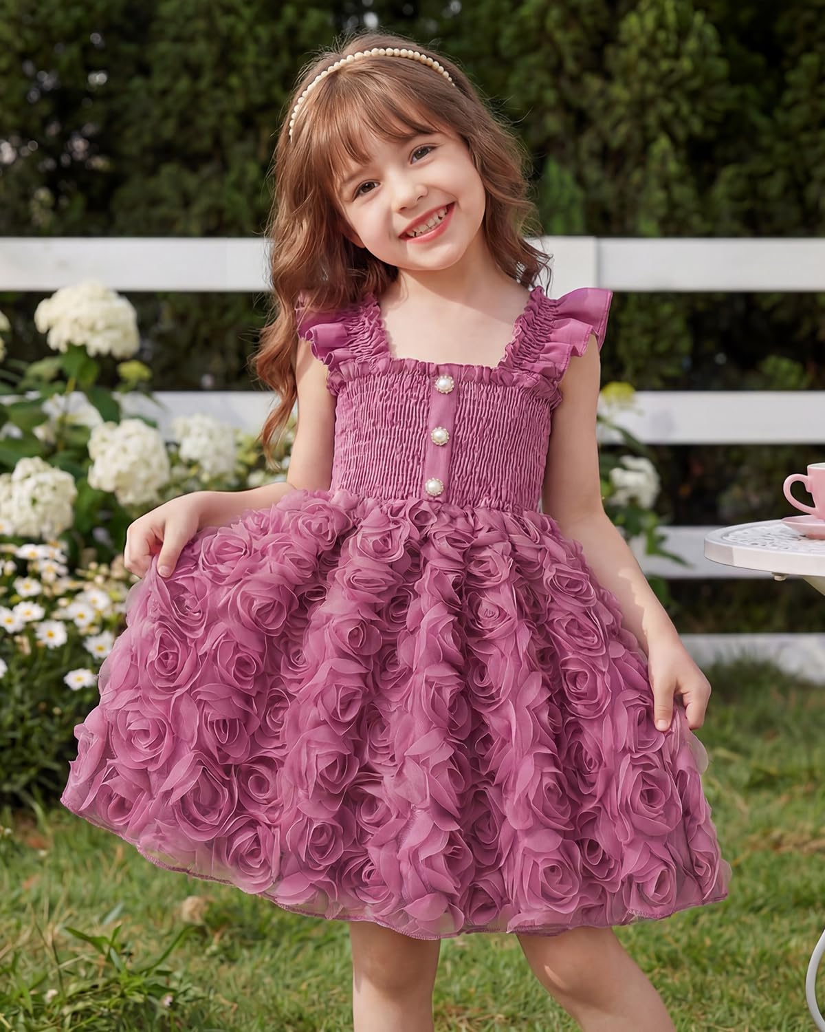 JiAmy Abito da principessa 3D, linea ad A, per bambini, senza maniche, con volant, spalline e vita elasticizzata, in tulle, per compleanno, matrimonio, per 2-8 anni