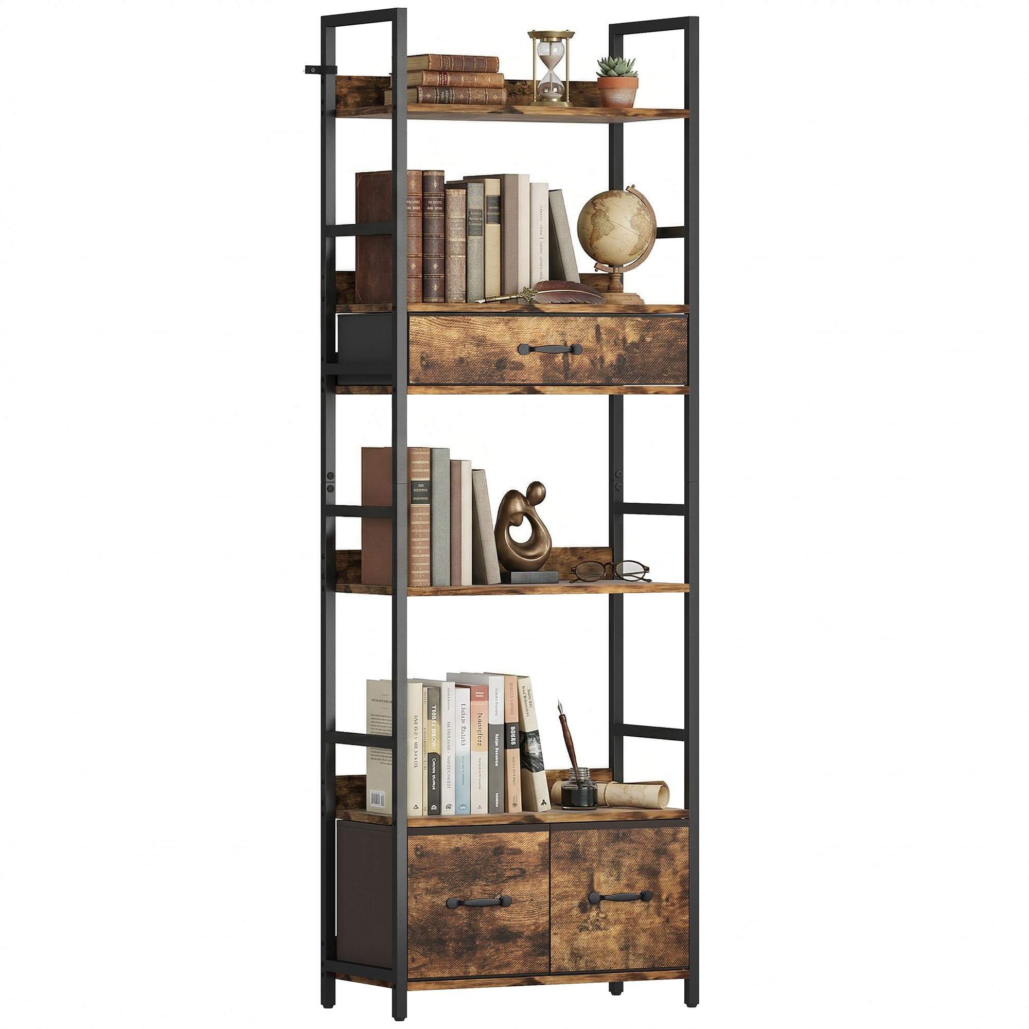 HOMCOM Industrial Bookcase, Tall Bookshelf with 4 Shelves and 3 Fabric Drawers, Storage Shelving Unit with Metal Frame for Living Room, Home Office, Bedroom, Rustic Brown
