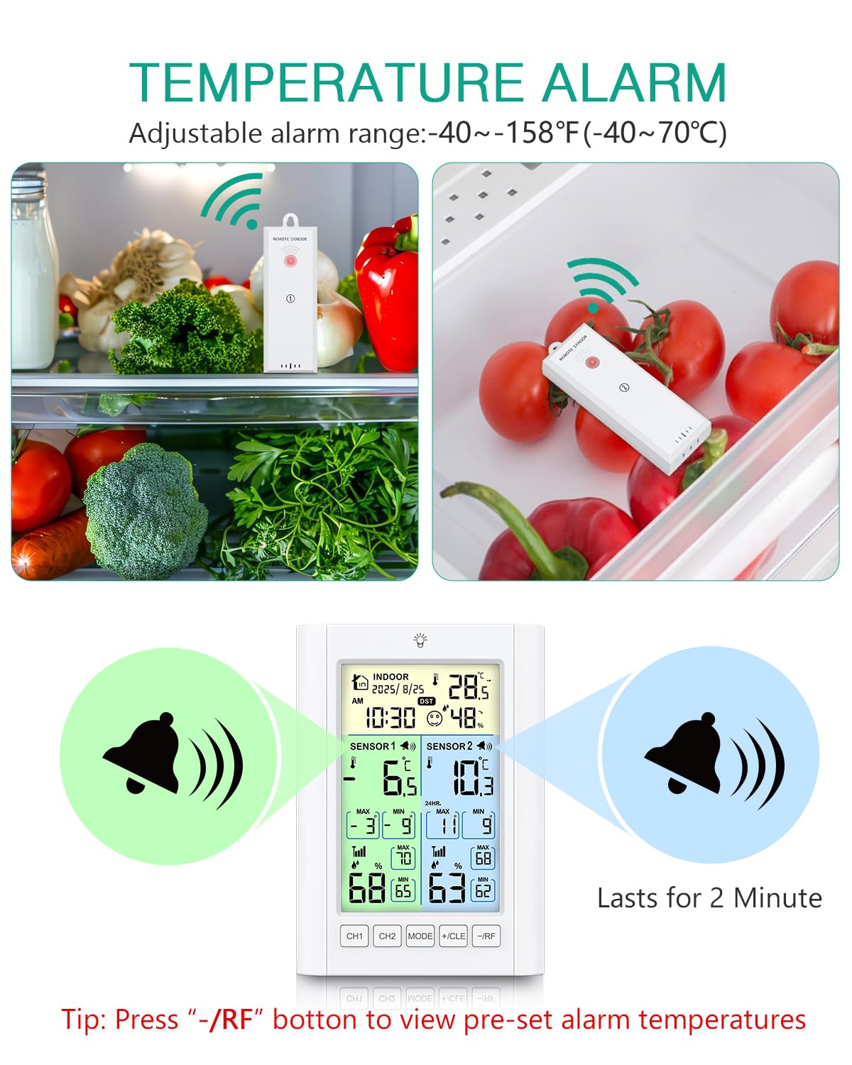 ORIA Thermomètre Numérique pour Réfrigérateur, Thermomètre pour congélateur avec 2 Capteurs Sans Fil, Ecran Couleur, Alarme, Max/Min, Heure d'Eté, Alimentation par Batterie/USB pour Maison, Cuisine