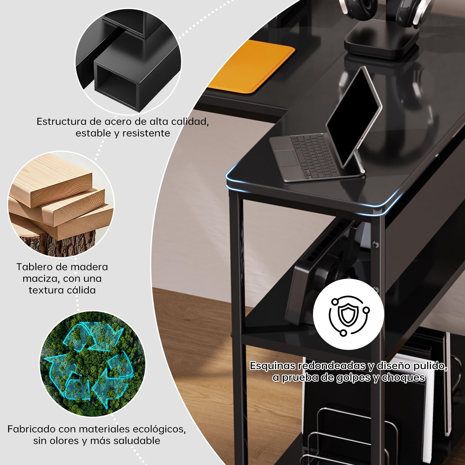 Escritorio Esquinero, 152x80cm Mesa Escritorio en L con Monitor Stand, Escritorios Esquina Reversible con Almacenamiento para Oficina en Casa, Altura Regulable Escritorios Gaming, Negro