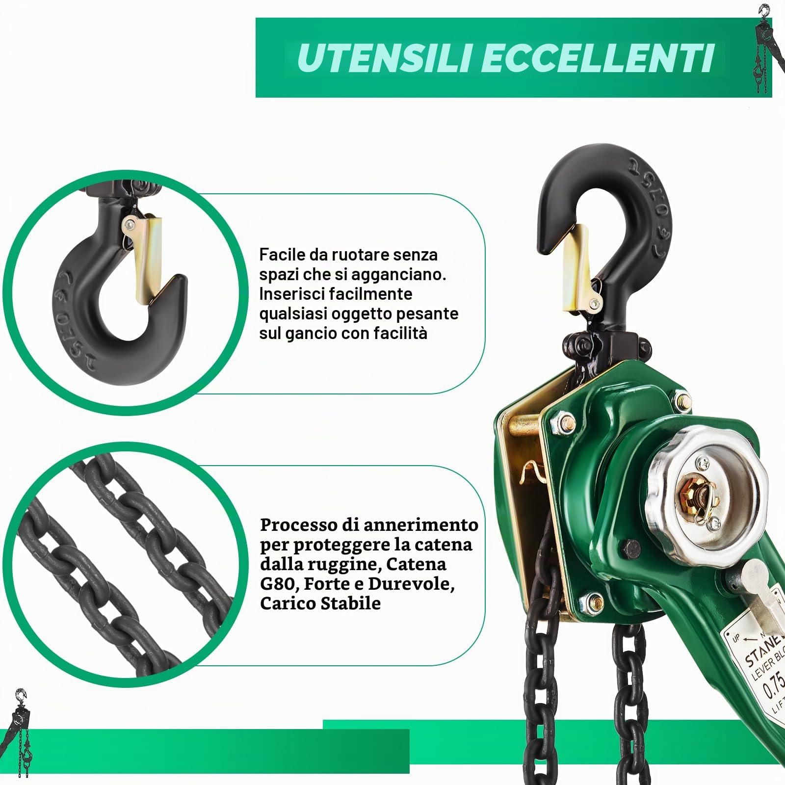 STANEW Paranco a Catena, Paranco a Leva Manuale Altezza di Sollevamento 1.4m, Capacità Max. da 0.75t, Catena in acciaio al carbonio G80, gancio girevole a 360°