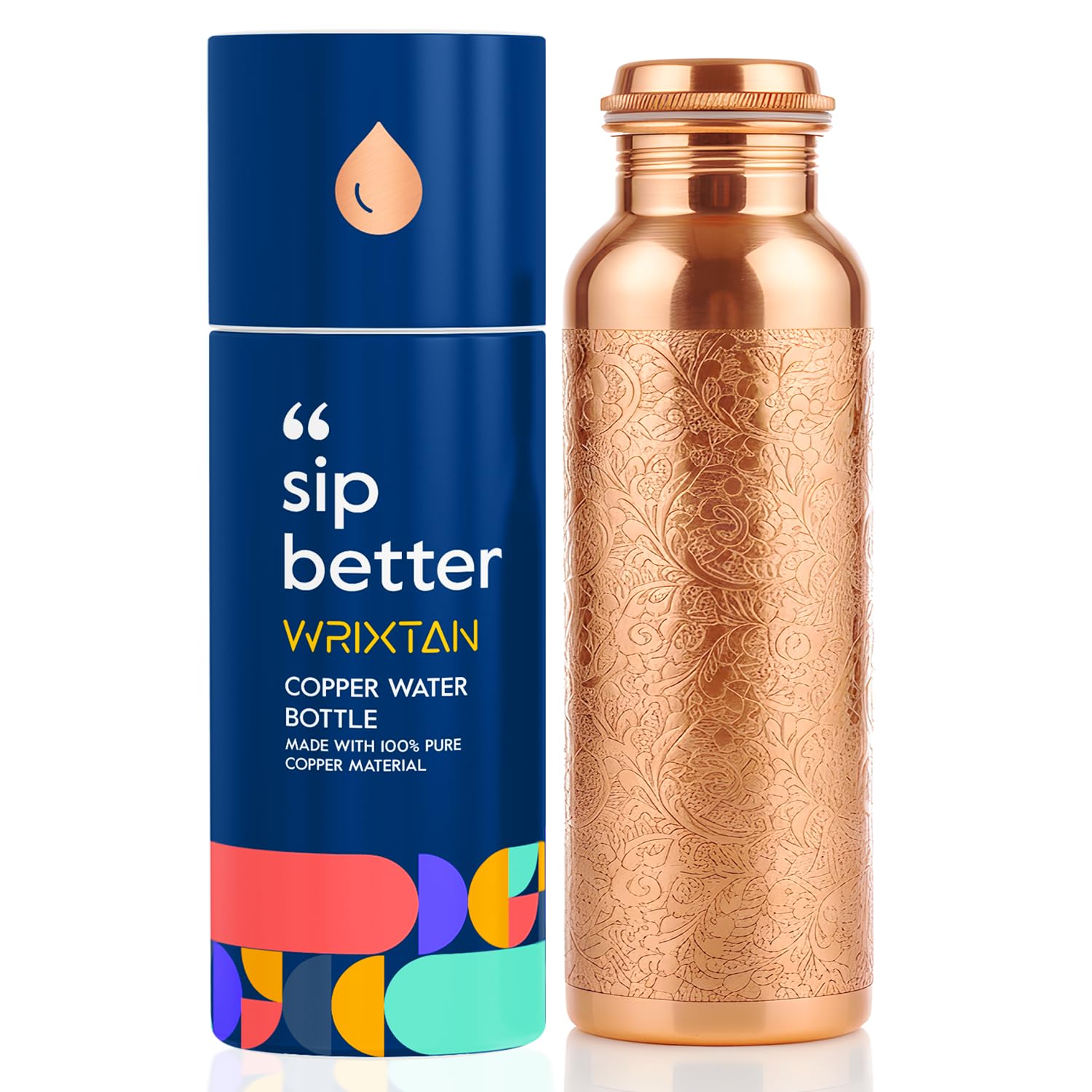 WRIXTAN Engraved Pure Copper Water Bottle – 1 Liter (34 Oz), Leak-Proof, Handcrafted, Sustainable & Durable – Ideal for Yoga, Travel, Office, Gym, and