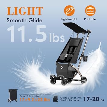 Beberoad R1 Auto-Fold Travel Stroller for Airplane, Lightweight, Black