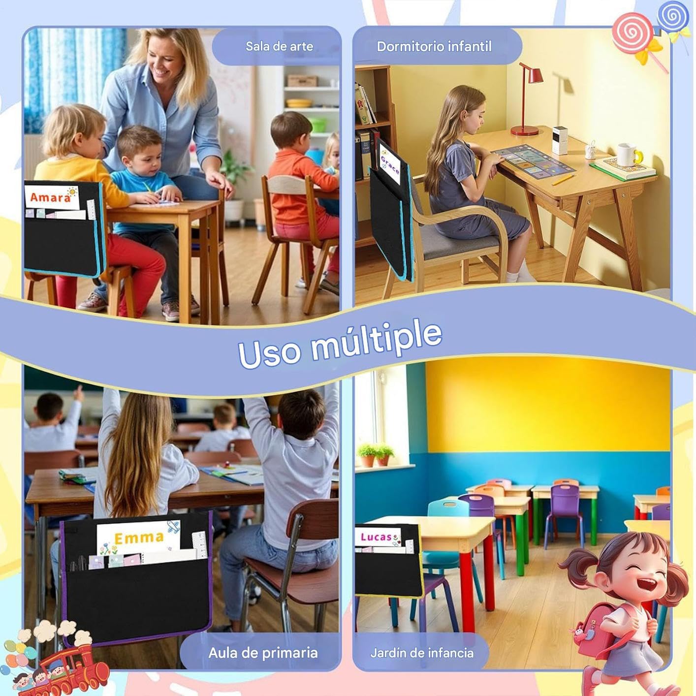Bolsillos para Sillas Tela Oxford 900d Lavable a Máquina | Bolsillos para Sillas Suministros Escolares Almacenamiento Libros Guardería Hogar Arte y Laboratorios