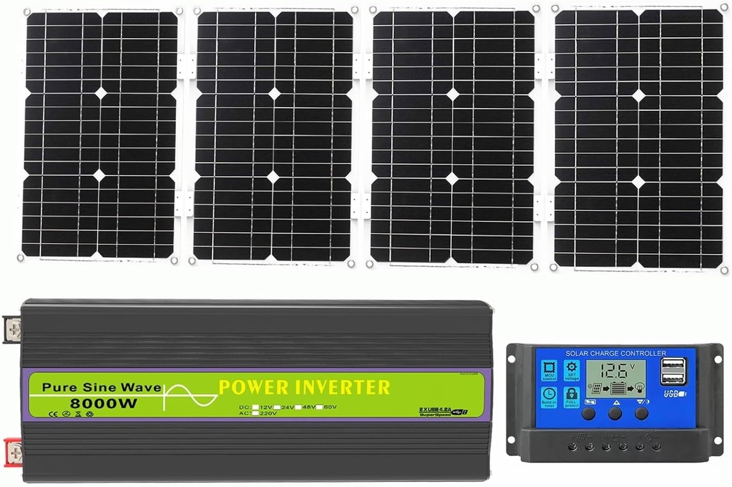 8000W Solar Inverter Kit - Complete Power System Solution with 30A Charge Controller & 100W Solar Panel for Home and Outdoor use, Compatible with 12V/24V/48V/60V to 110V/220V