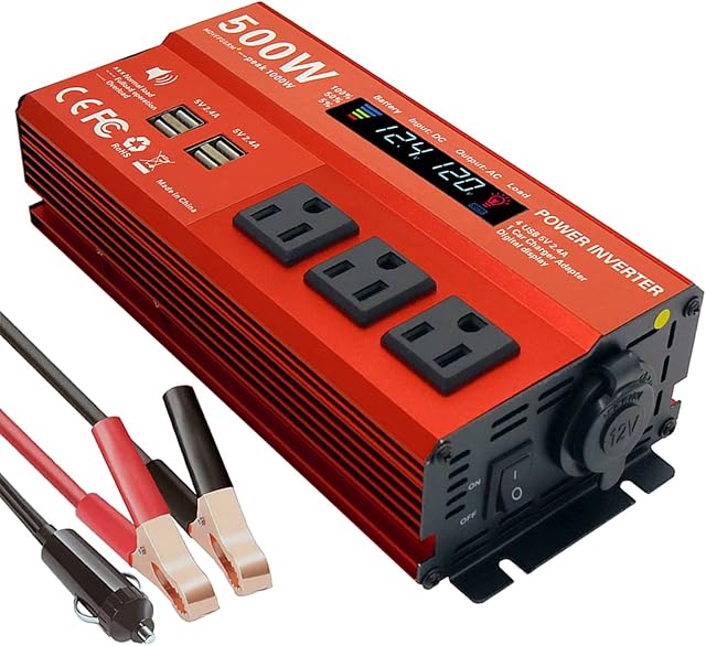 MOVFFGGRM 500W Modified sine Wave Power Inverter,Peak 1000 watt, Car 12V DC to 110V AC Converter 4 x 2.4A USB Ports Car Charger with 1 Cigarette Lighter Ports Plug Outlet,Travel Camping Essentials