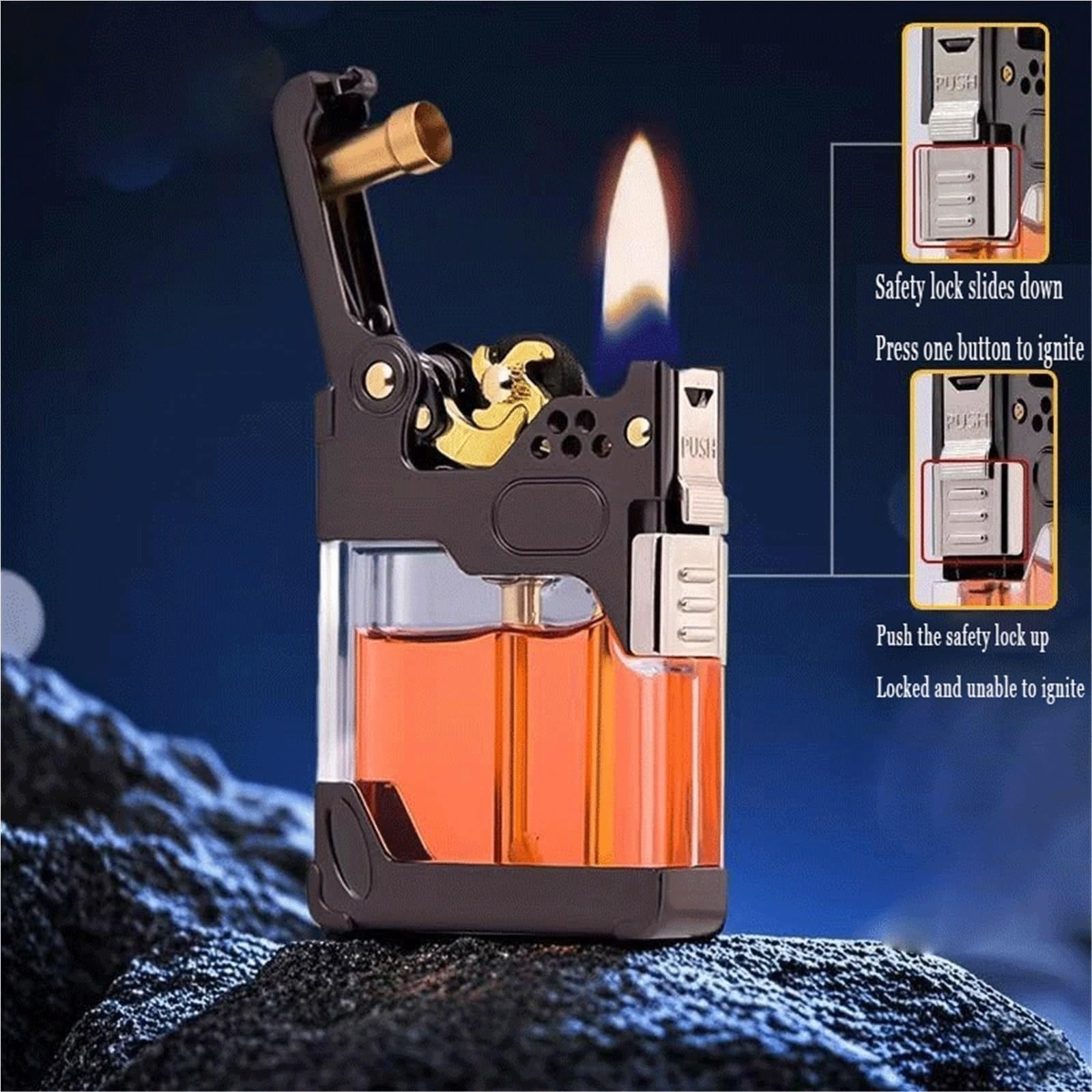 Mechanisches Kerosinfeuerzeug aus Metall im Vintage-Stil, winddichte, weiche Flamme, Sicherheitsschloss-Design, transparenter Kraftstofftank, wiederverwendbar, Geschenk for Männer und Väter(Black)