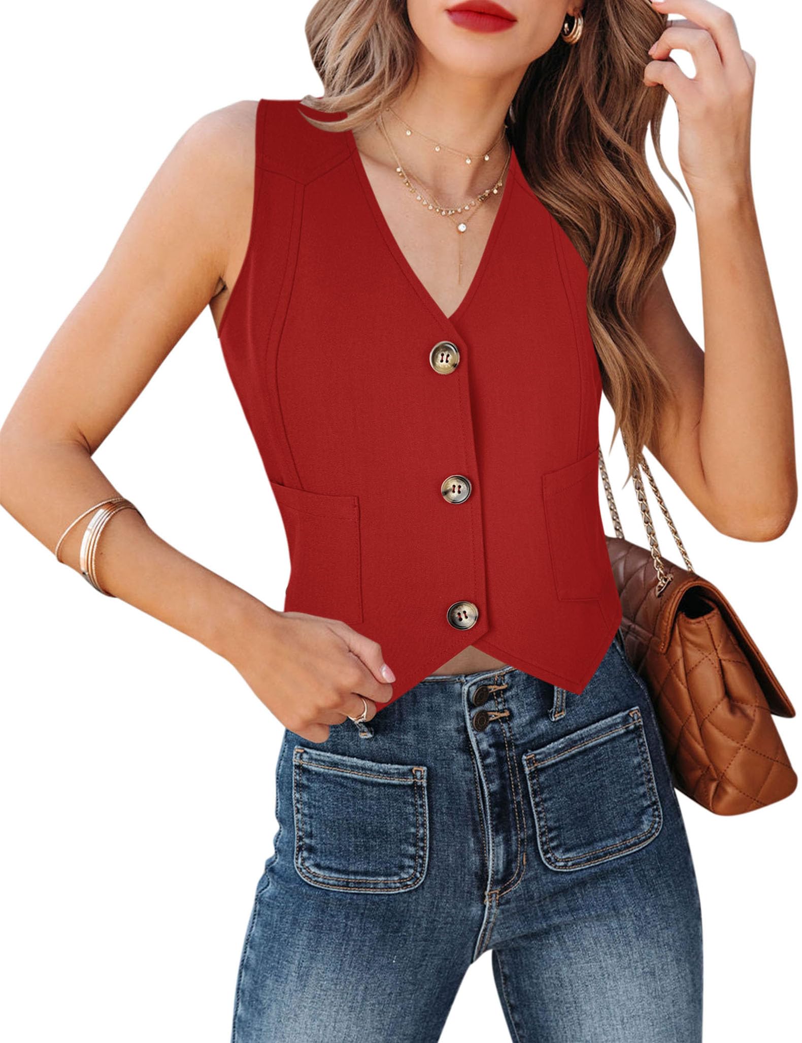 Fallorchid Women's Business Button Up Sleeveless Vest Crop Tops V Neck Jacket Waistcoat