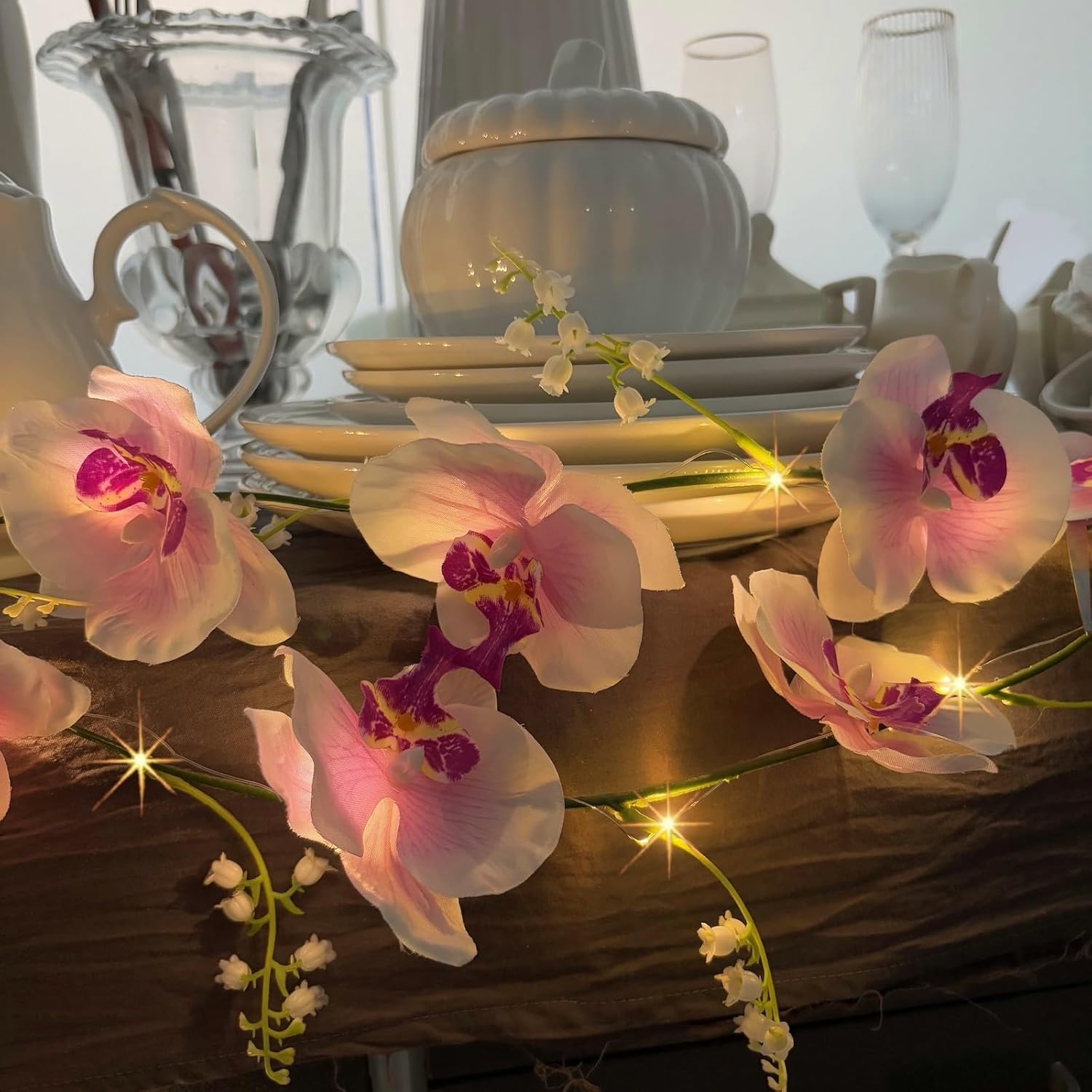 Artificial Orchid Vine Lights,Artificial Phalaenopsis Lily of The Valley Flower Orchid Garland with LED String Lights for Wedding Birthday Party Home Baby Shower Decoration (Purple White Orchid)