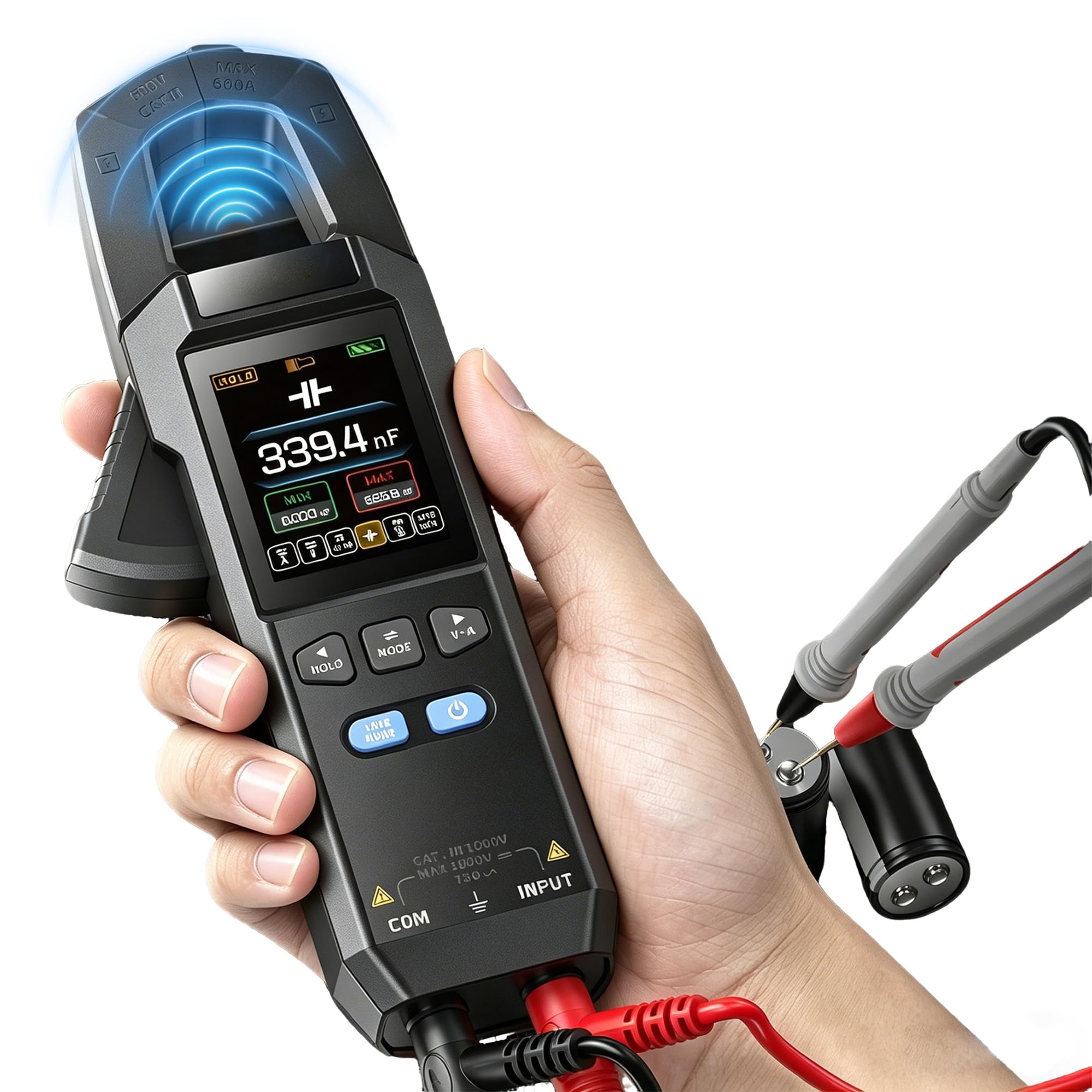 DMC-100 Pinza Amperometrica Professionale Multimetro Digitale,10000 Conteggi Voltmetro,Doppio chip,1500mAh Ricaricabile,Schermo TFT da 2,0″,Tensione,Corrente,Resistenza,Diodi,Temperatura,NCV,Capacità