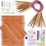 Exquiss Ensemble d'aiguilles circulaires de tricotage en bambou - 18 Paires avec tube coloré, 75PCS Aiguilles doubles pointes, Kits de Crochet inclus, Tailles: 2mm-10mm, Longueur : 31.5" & 7.9"