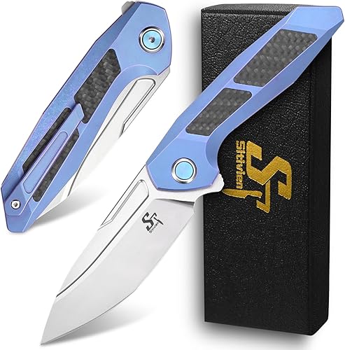Sitivien ST996 Cuchillo plegable, hecho a mano M390 hoja de pulido nacarada, mango de titanio y fibra de carbono para acampar al aire libre,