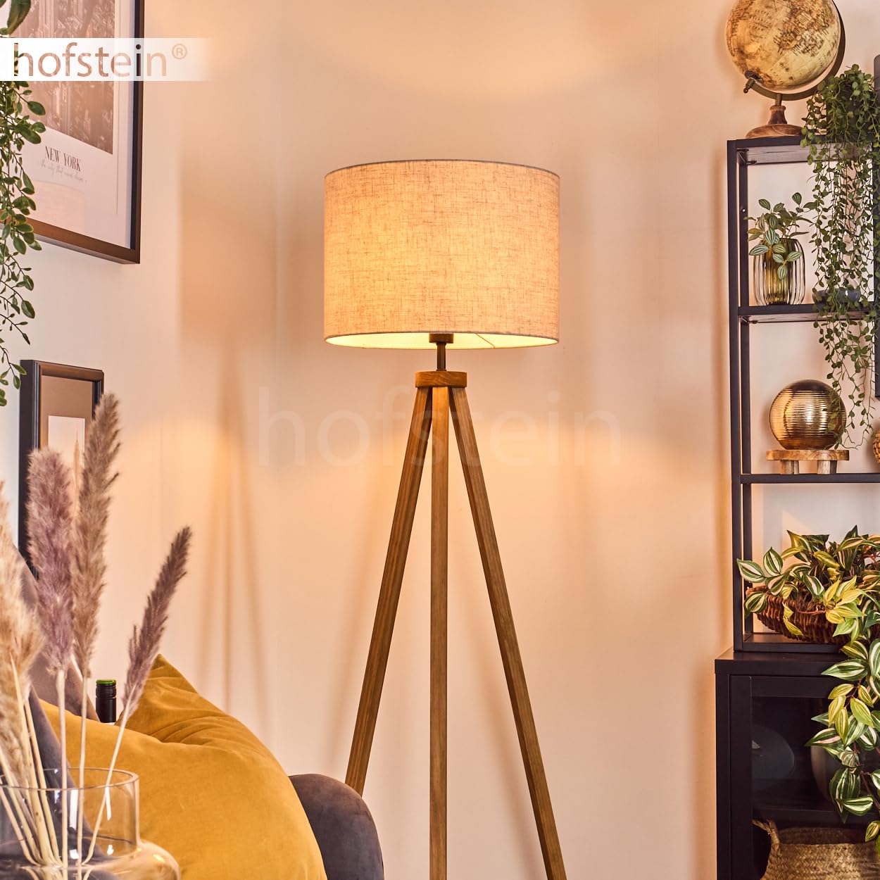 Stehleuchte Bassagoda, Stehlampe aus Holz/Stoff in Naturfarben/Beige, Leuchte im skandinavischen Design mit rundem Schirm (Ø 40 cm) u. Fußschalter, Höhe 154 cm, 1 x E27, ohne Leuchtmittel