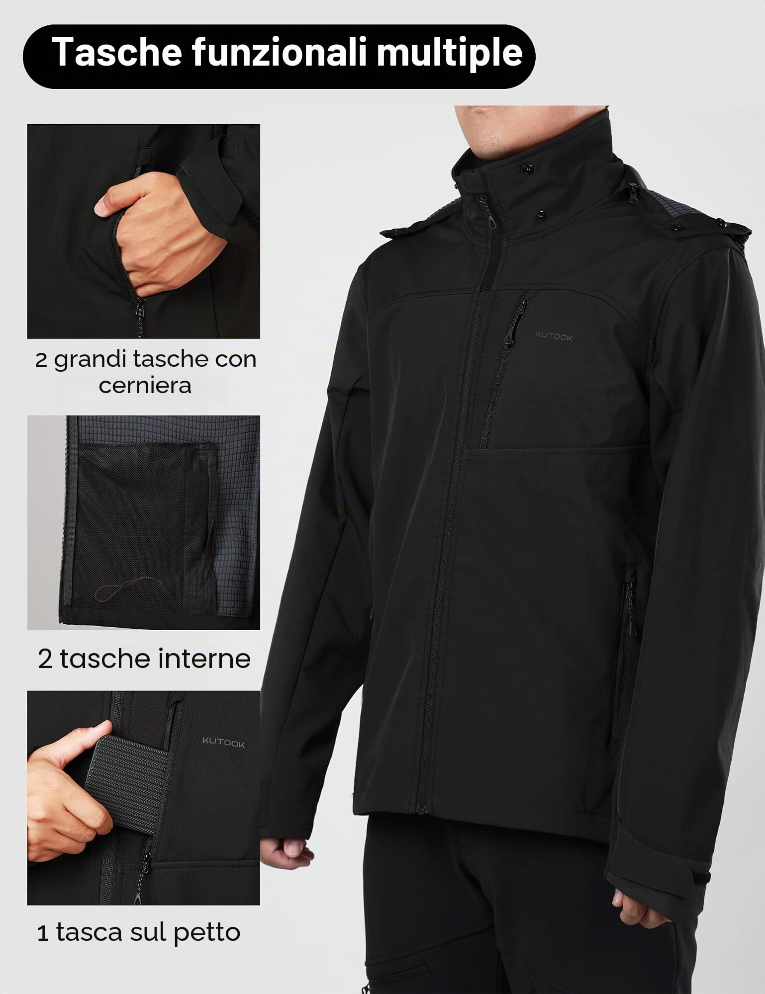 KUTOOK Giacca Softshell Uomo Invernale Giacche Trekking Uomo in Pile Giacca Tattica Militare con Cappuccio Staccabile Idrorepellente Antivento per Montagna Trekking Escursionismo